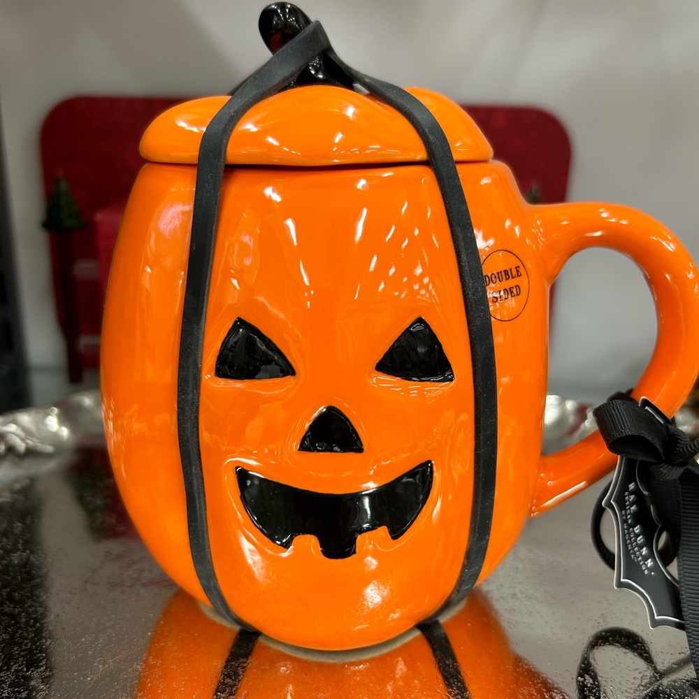 New Rae Dunn Beware Double Sided Ceramic Halloween Pumpkin Mug with Topper 🎃